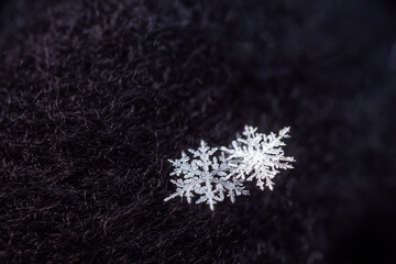 Snowflakes close-up. Macro photo. The concept of winter, cold, beauty of nature. Copy space..