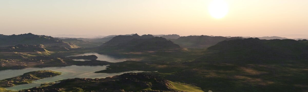 Valley of the hills, panorama of a hilly landscape, a lake among the hills, 3D rendering © ustas