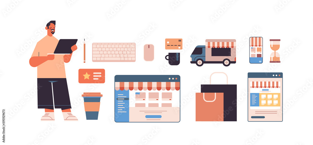 Poster man using laptop online shopping web application internet business icons set e-commerce digital mark