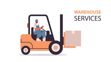 forkplift driver loading cardboard boxes in warehouse product goods shipping delivery service concept horizontal isolated vector illustration © mast3r