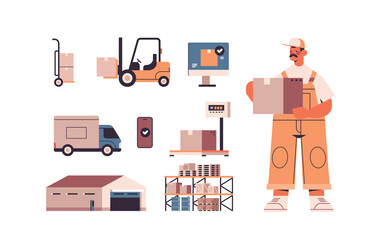 logistic warehouse icons set with cargo symbols and deliveryman in uniform express delivery service concept horizontal isolated vector illustration