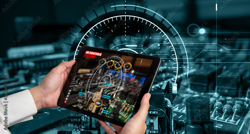 Poster engineer use augmented reality software in smart factory production line with automated application 