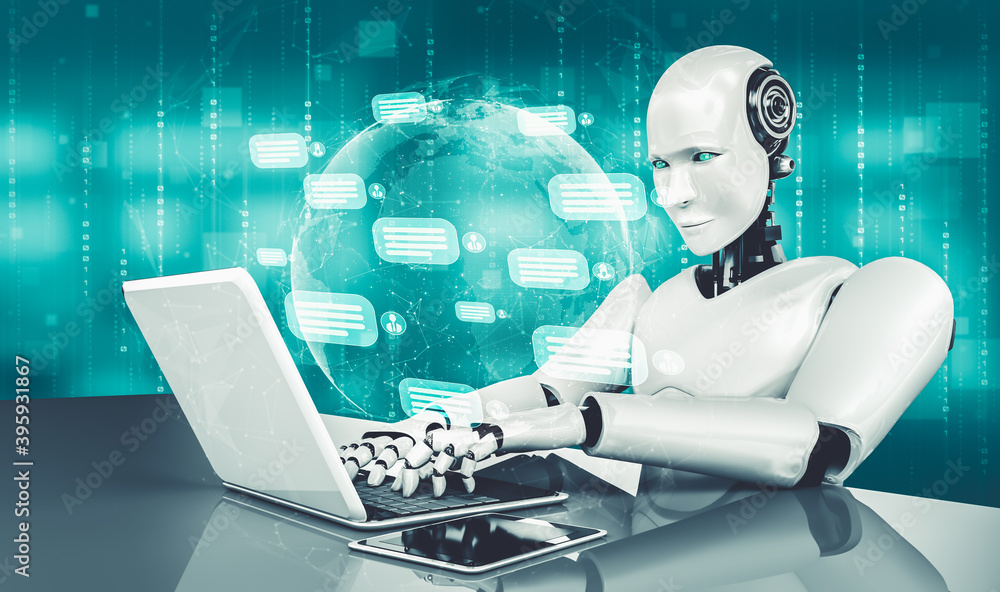 Poster ai robot using computer to chat with customer. concept of chat bot service providing help and smart 
