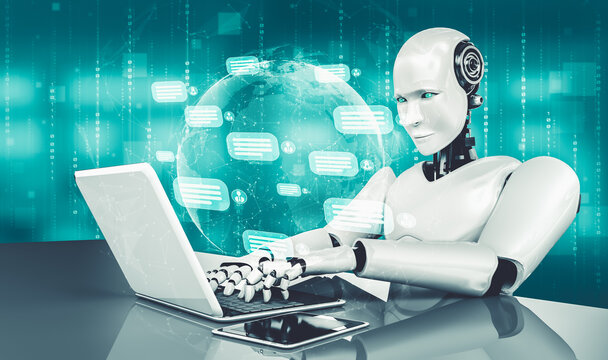 AI robot using computer to chat with customer. Concept of chat bot service providing help and smart information in social media and e-commerce application. 3D rendering illustration.