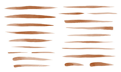 Coffee brown watercolor brush strokes set. Uneven lines, gradient stripes, fusiform shapes, underlines, doodle streaks, stains. Hand drawn watercolour design elements collection, text backgrounds. 