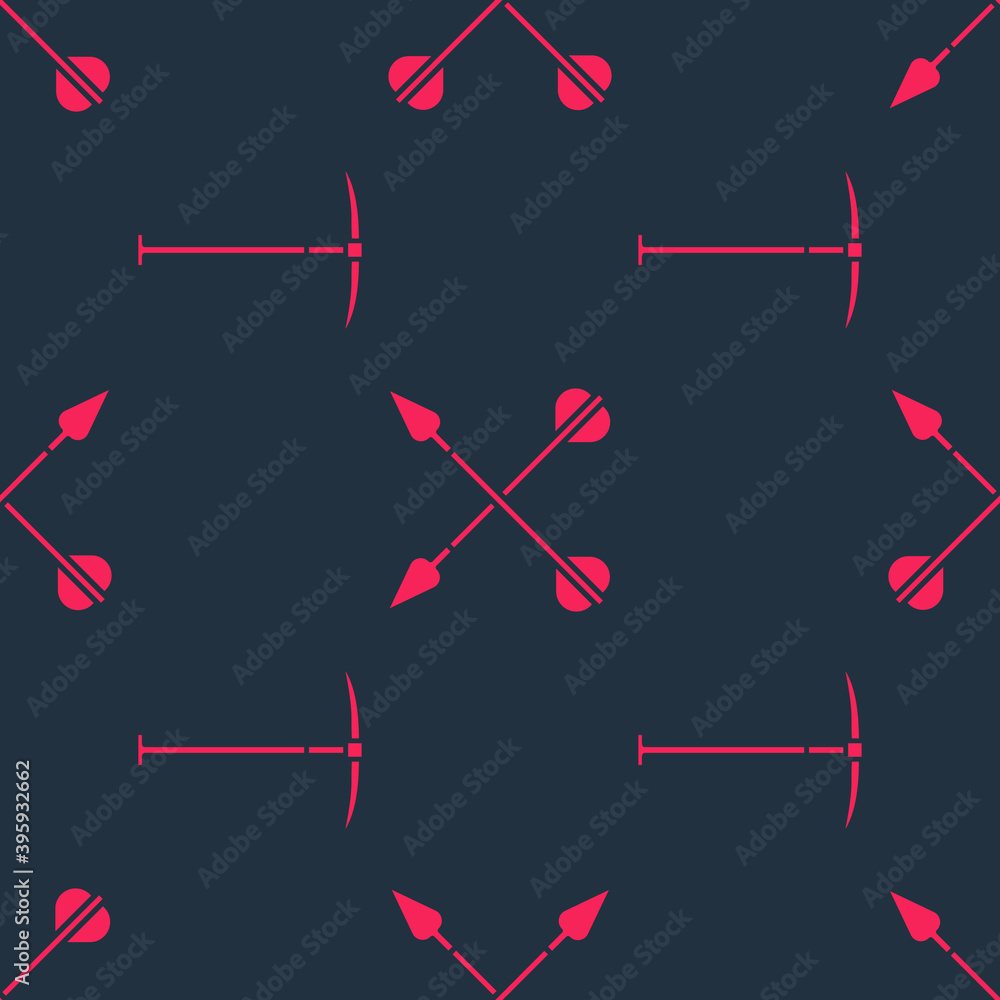 Poster set pickaxe and crossed arrows on seamless pattern. vector.
