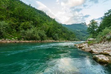 Fototapeta na wymiar Montenegro. Tara River Canyon Mountains. Landscape. Crystal Clear Turquoise Blue Water.