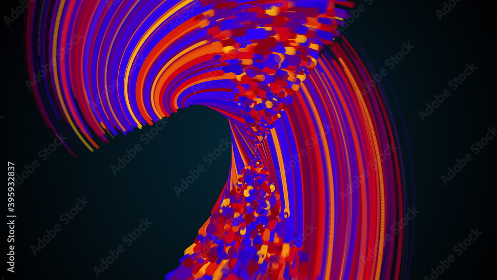 Poster twisted abstract element from multicolored lines and particles, computer generated. 3d rendering vor