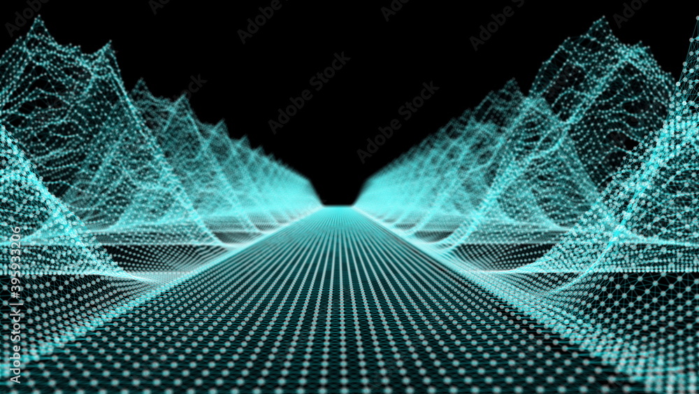 Aufkleber 3d rendering straight way and wireframe mountains. computer generated digital landscape. futuristic 