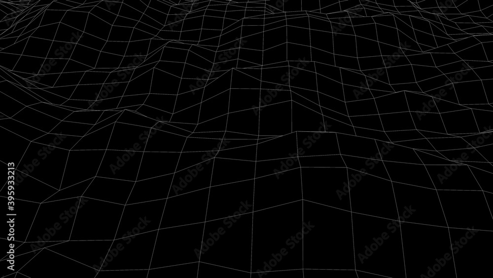 Poster computer generated a wireframe wave. 3d rendering of a luminous fine mesh. futuristic backdrop