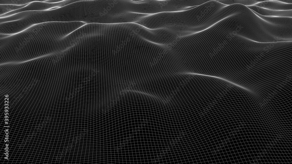 Poster computer generated a wireframe wave. 3d rendering of a luminous fine mesh. futuristic backdrop