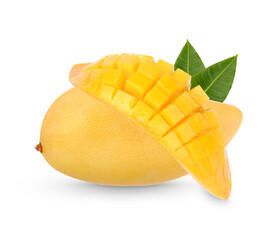 King of fruits, Mango fruit and sliced with leaves isolated on white background
