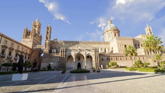 Time lapse of Palermo Cathedral in Palermo, Italy in a sunny summer cloudy day