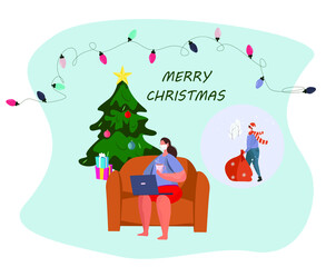Girl in Medical Mask Celebrating Christmas Online and New Year Online during Quarantine.Christmas Party in Covid 19.Winter Holidays in Coronavirus.Online Conferense in Quarantine.Vector Illustration