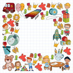 Children play with toys in the kindergarten. Kids playground. Education, creativity, imagination.