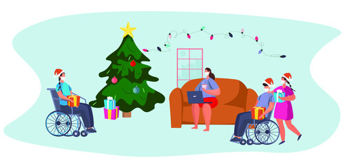 People in Medical Mask Celebrating Christmas Online and New Year Online during Quarantine.Christmas Party in Covid 19.Winter Holidays in Coronavirus.Online Conferense in Quarantine.Vector Illustration