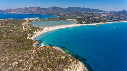 Obraz premium aerial view of Porto Giunco beach and tower in Villasimius