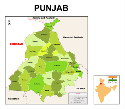 Punjab Map. Political And Administrative Map Of Punjab With Districts Name In Green Color.