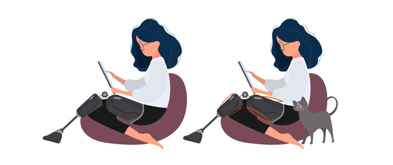 A girl with a prosthetic leg sits on a pouf. The concept of people with additional needs. Isolated. Vector.