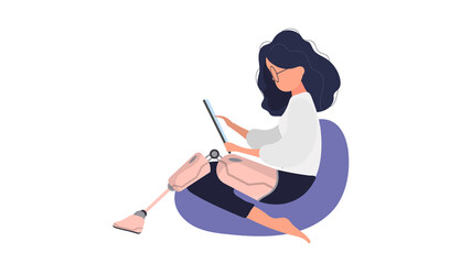 Fototapeta premium A girl with a pink prosthetic leg sits on a pouf. The concept of people with additional needs. Vector.