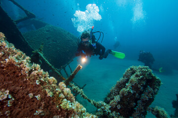 Diver exploreds the shipwreck.