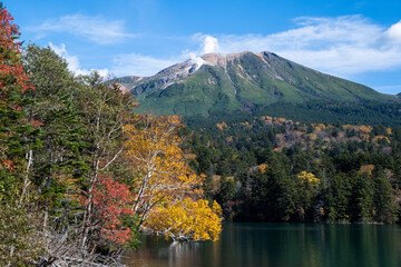 秋のオンネトー（北海道・足寄町） 　湖、紅葉（赤、黄色）、雌阿寒岳