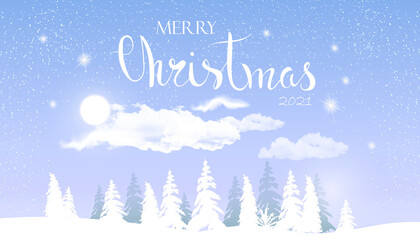 Merry Christmas winter landscape. Night vector background with snowflakes, stars, moon. Typography vector design for greeting cards.