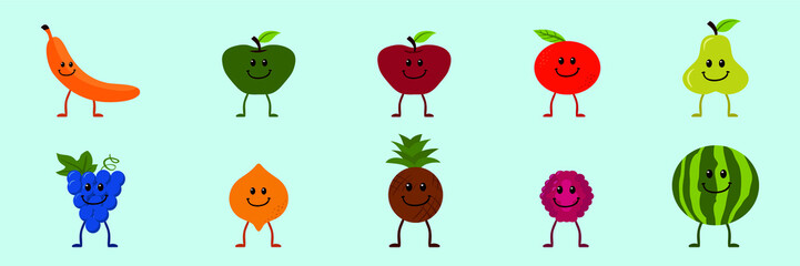 set of fruit character cartoon icon design template with various models. vector illustration isolated on blue background
