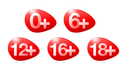 Age limit icons set for censoring of different categories for children and adults - 0, 6, 12, 16, 18 plus  ages - 3D glossy emblems collection