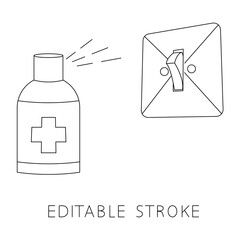 Light switches disinfection. Surface cleaning, room sanitation. Disinfection of interrupter from bacteria. Light switch and antibacterial disinfectant spray. Antiseptic. Vector