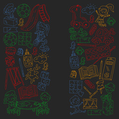 Children play with toys in the kindergarten. Kids playground. Education, creativity, imagination.