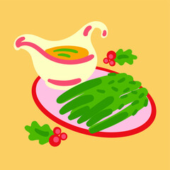 Vector illustration of traditional Christmas dishes in flat style isolated on light yellow background. Fresh green asparagus on the plate with sauce. side dish, garnish.