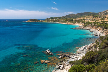 Obraz premium crystal clear water and white sand at Porto sa Ruxi beach in Villasimius