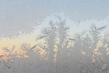 Close-up on hoarfrost pattern on a window