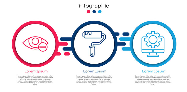 Set Line Red Eye Effect, Paint Roller Brush And Computer Monitor And Gear. Business Infographic Template. Vector.