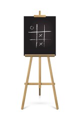 Easel standing with black board. Blank blackboard on wooden tripod for art, painting, drawing or announcement vector illustration. Equipment with game in chalk on white background