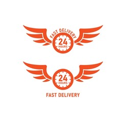 Set of color illustrations of wings, clocks, text on a white background. Vector illustration for logo, emblems, stickers. Fast delivery service logo around the clock.
