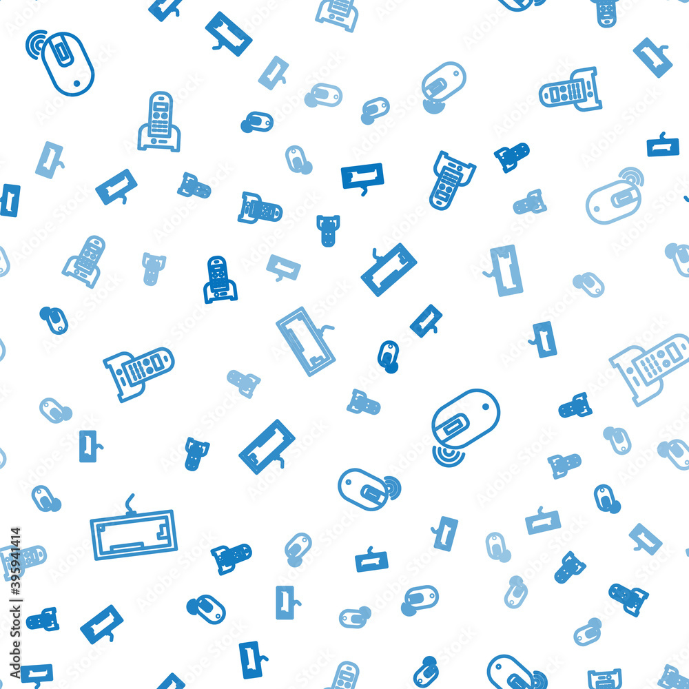 Poster set line keyboard, wireless computer mouse and telephone on seamless pattern. vector.