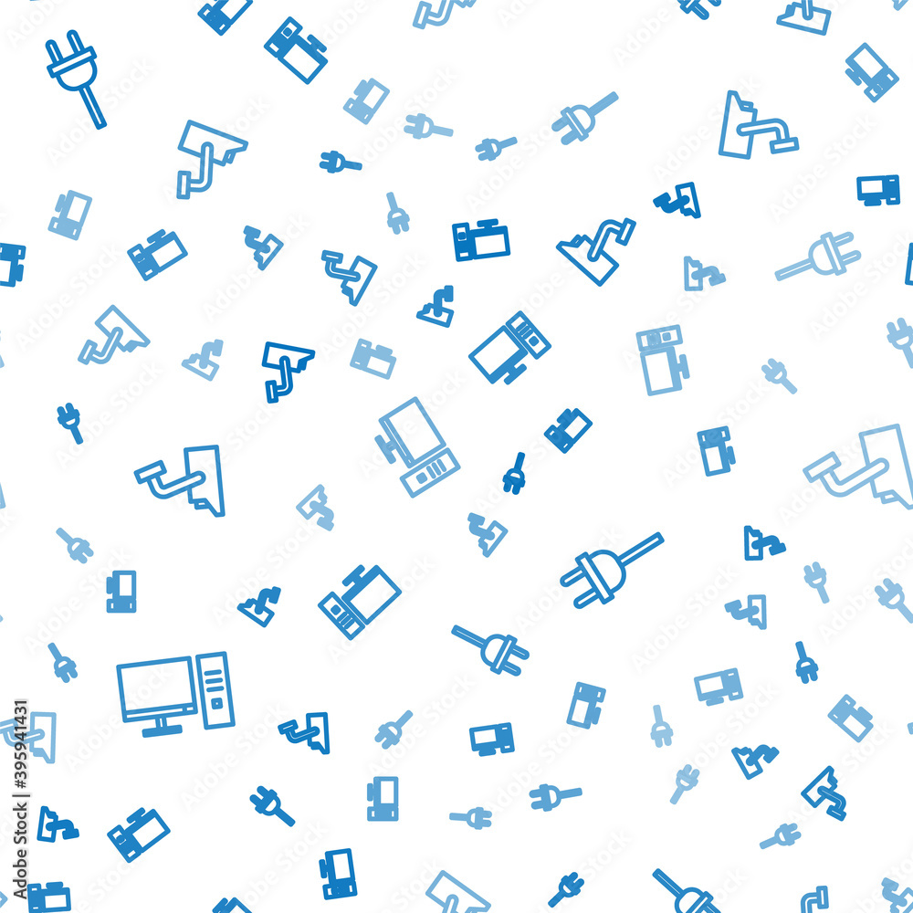 Poster set line computer monitor, electric plug and security camera on seamless pattern. vector.