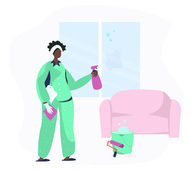 Afro American Woman Making Windows Cleaning at Home.Housewife Washing Windows at Home With Bucket and Wet Rag.Quarantine concept.Housework,Cleaning Service Worker.Domestic Work.Vector Illustration