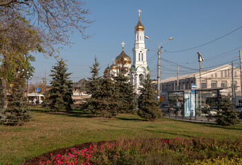   Rostov Cathedral of the Nativity of the Blessed Virgin. Citizens walk near the cathedral
