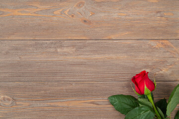 Red rose background for Valentines day, Mothers day, Birthday card. Flower on the brown wooden table flat lay with copy space
