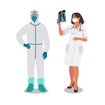 Clip art of male doctor dressed in white protective costume with mask and eyewear and female nurse in robe in white background.