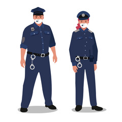 Clip art of male and female police persons weared with masks and dressed in uniform isolated on white background.