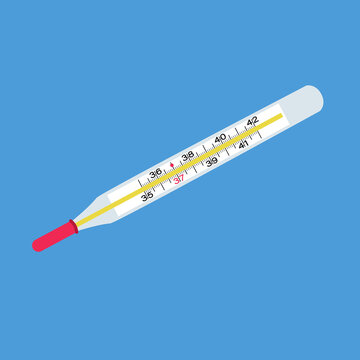 Flat art of basic and common medical tool for temperature measurement. Thermometer illustration in blue background.