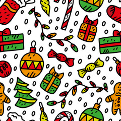Fototapeta premium Colorful Christmas doodle pattern. New year pattern of hand drawn doodles with christmas toys, christmas tree, gift box, ginger bread, candy cane and garland. Template for textile, wrapping paper