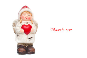 Angel holding heart in hands on white background