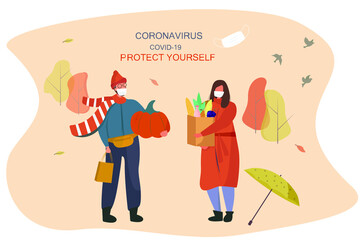 Autumn 2020 during Covid 19. Protect Yourself Outdoor.People Wearing Face Mask and Keep Distance to Prevent Coronavirus in Park.Rainy Weather under Umbrella at Fall sesons.Flat Vector Illustration