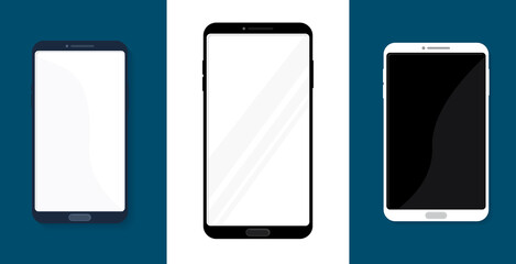 Set of empty mockups of standard models smart phones. Cellphones with blank displays for marketing or app design promotion. Realistic vector illustration of touch screen mobile devices.