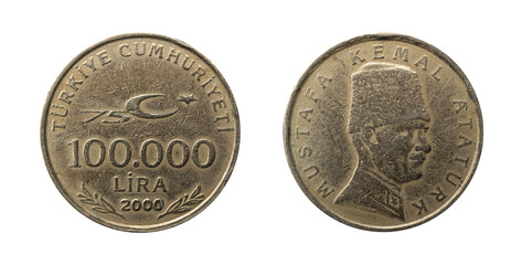 100000 lira coin 5th Anniversary of the Republic of Turkey, coined in the year 2000, obverse and reverse.